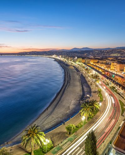 Promenade and Coast of Azure at dusk in Nice